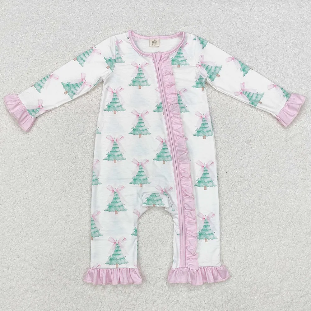 Baby Infant Girls Rompers Christmas Tree Pink Bows Bamboo Zip Rompers LR1518