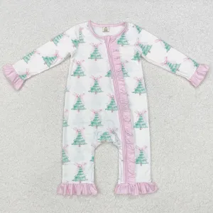 Baby Infant Girls Rompers Christmas Tree Pink Bows Bamboo Zip Rompers LR1518