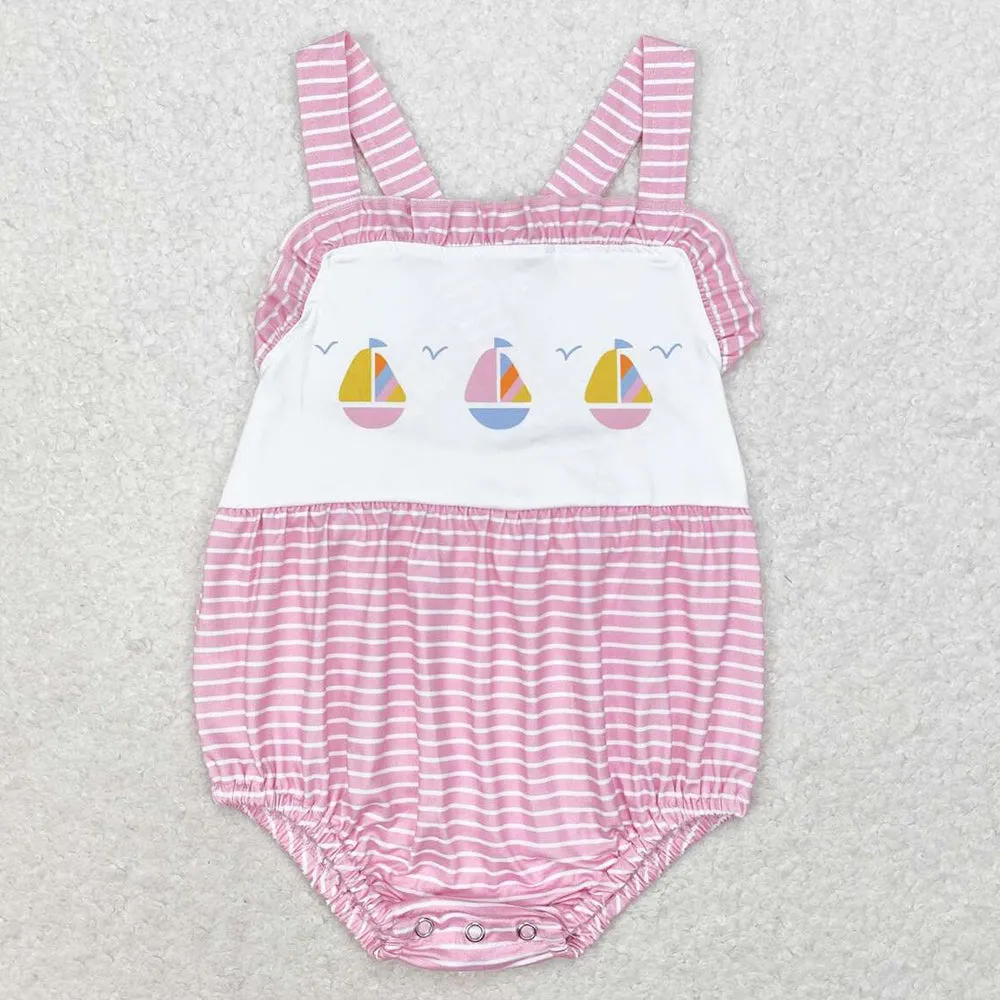 Baby Infant Girls Rompers Pink Stripes Sailboat Straps Summer Rompers SR1058