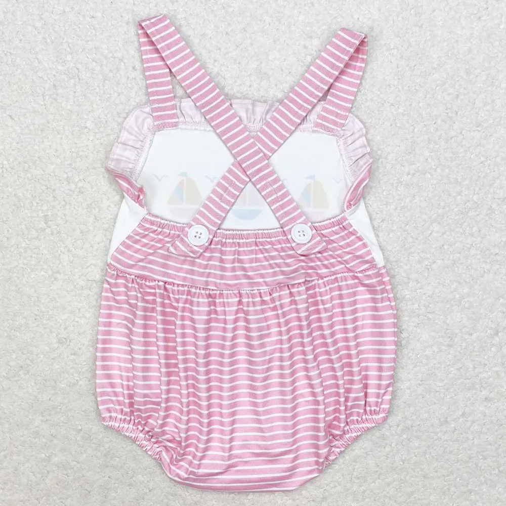 Baby Infant Girls Rompers Pink Stripes Sailboat Straps Summer Rompers SR1058