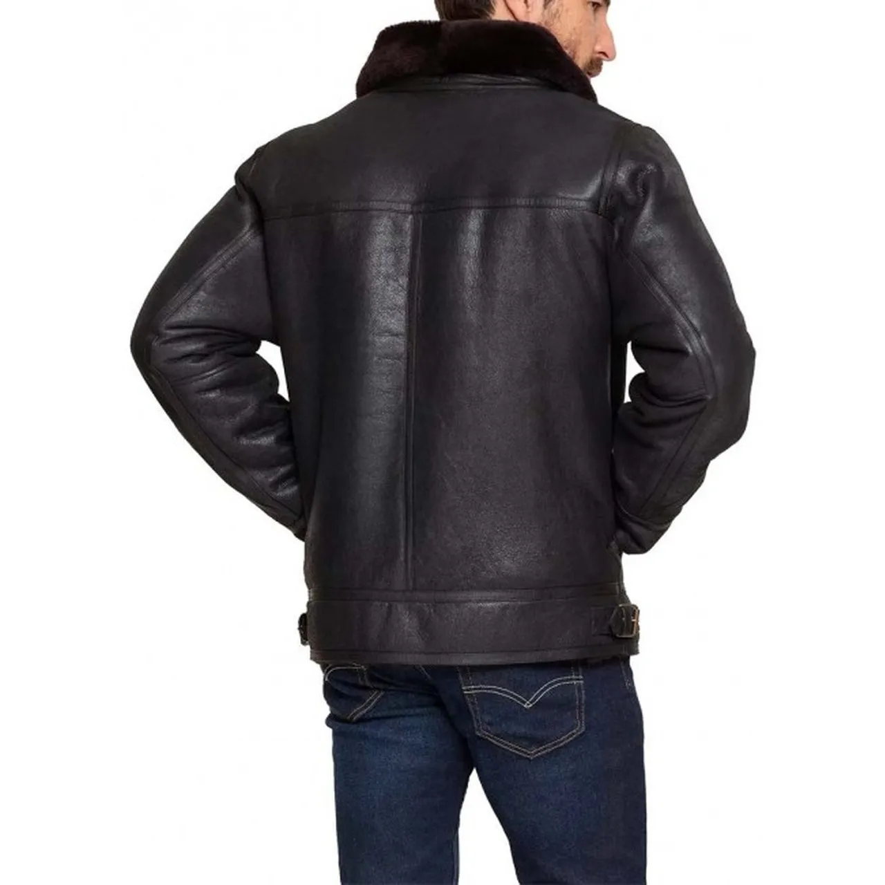 Black Bomber Fur Leather Jacket For Men