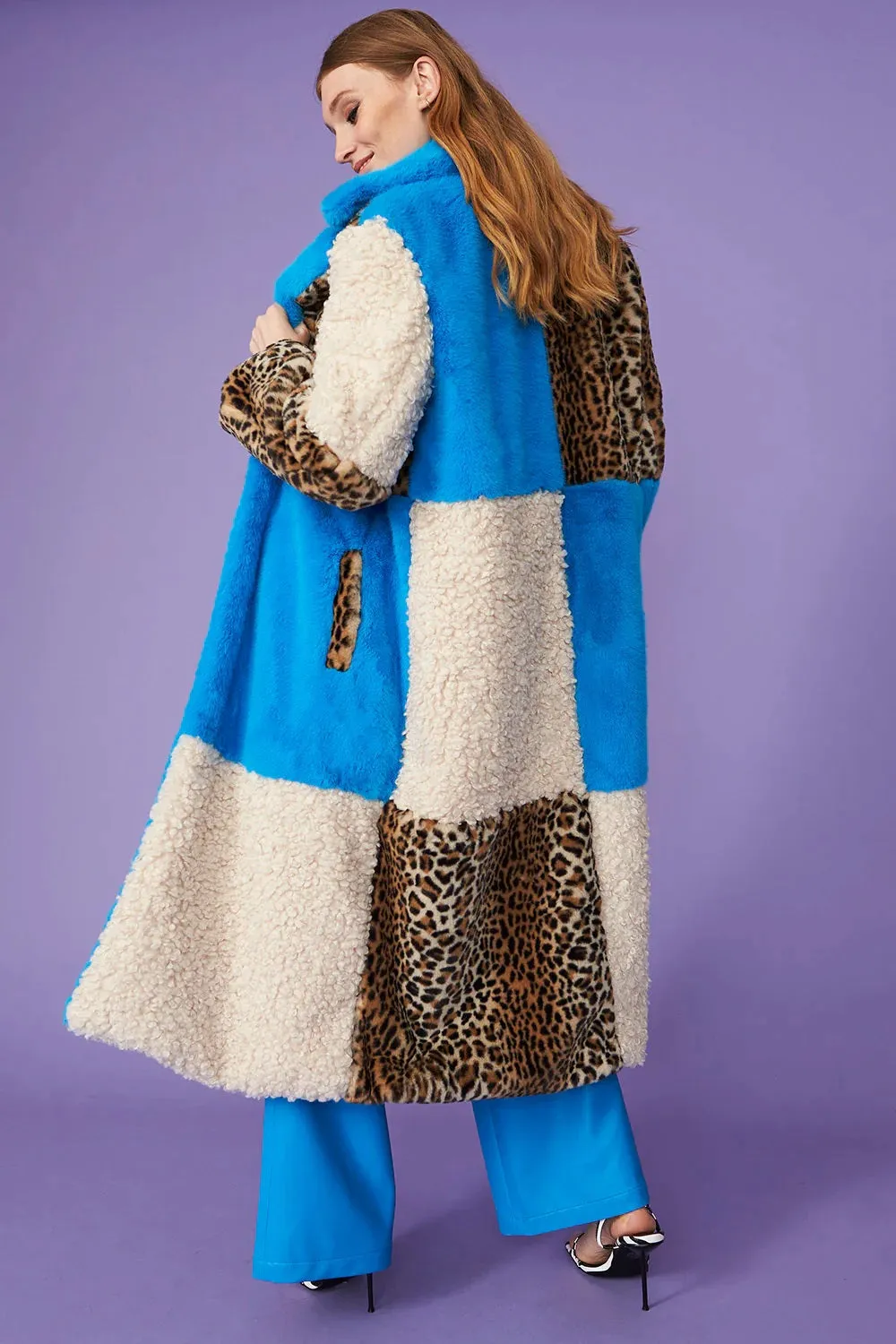 Blue Faux Fur and Faux Shearling Maxi Coat