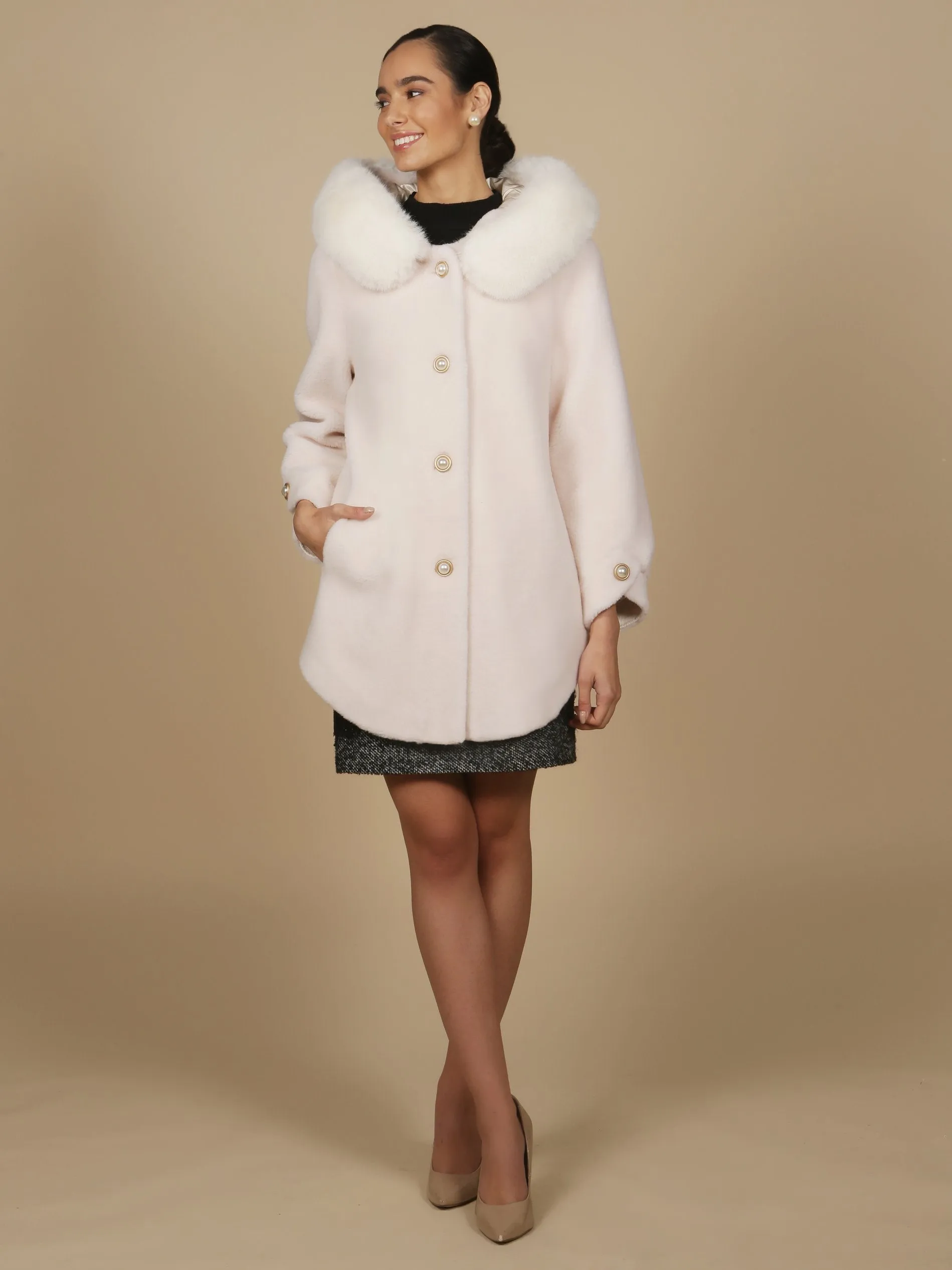 'Caron' Wool Coat with Hood in Bianco