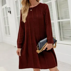 Casual Solid Color Round Neck Long Sleeve Cable Knit Winter Sweater Mini Dress