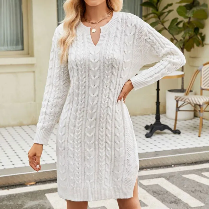 Casual V Neck Long Sleeve Side Split Winter Cable Knit Sweater Mini Dress