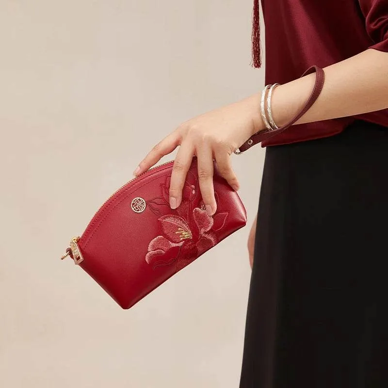 Embroidery Leather Red Magnolia Women‘s Handbag Wallet