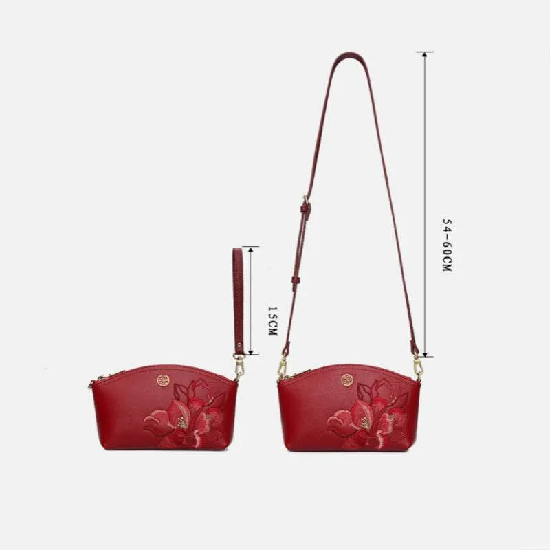 Embroidery Leather Red Magnolia Women‘s Handbag Wallet