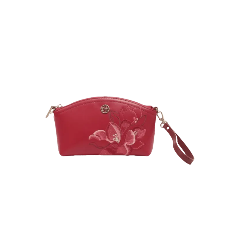 Embroidery Leather Red Magnolia Women‘s Handbag Wallet