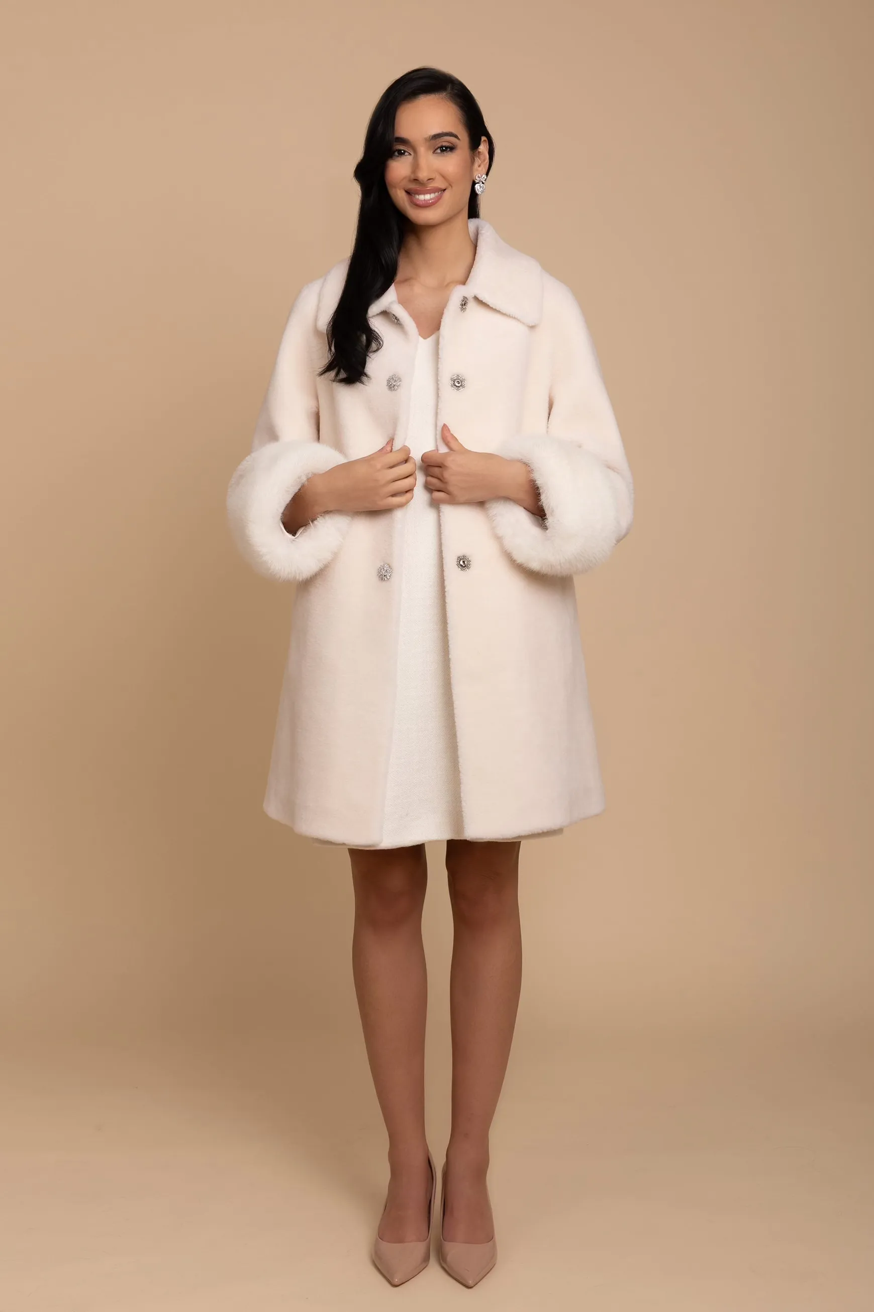 'Fairytale' Wool and Faux Fur Teddy Coat in Bianco