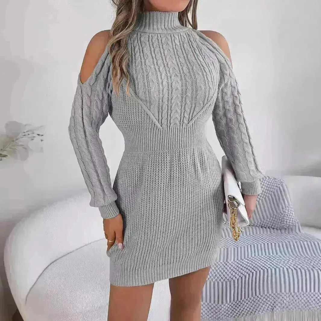 Fashionable Autumn Winter Slim fit Woolen Twist Knitted Mini Sweater Dress