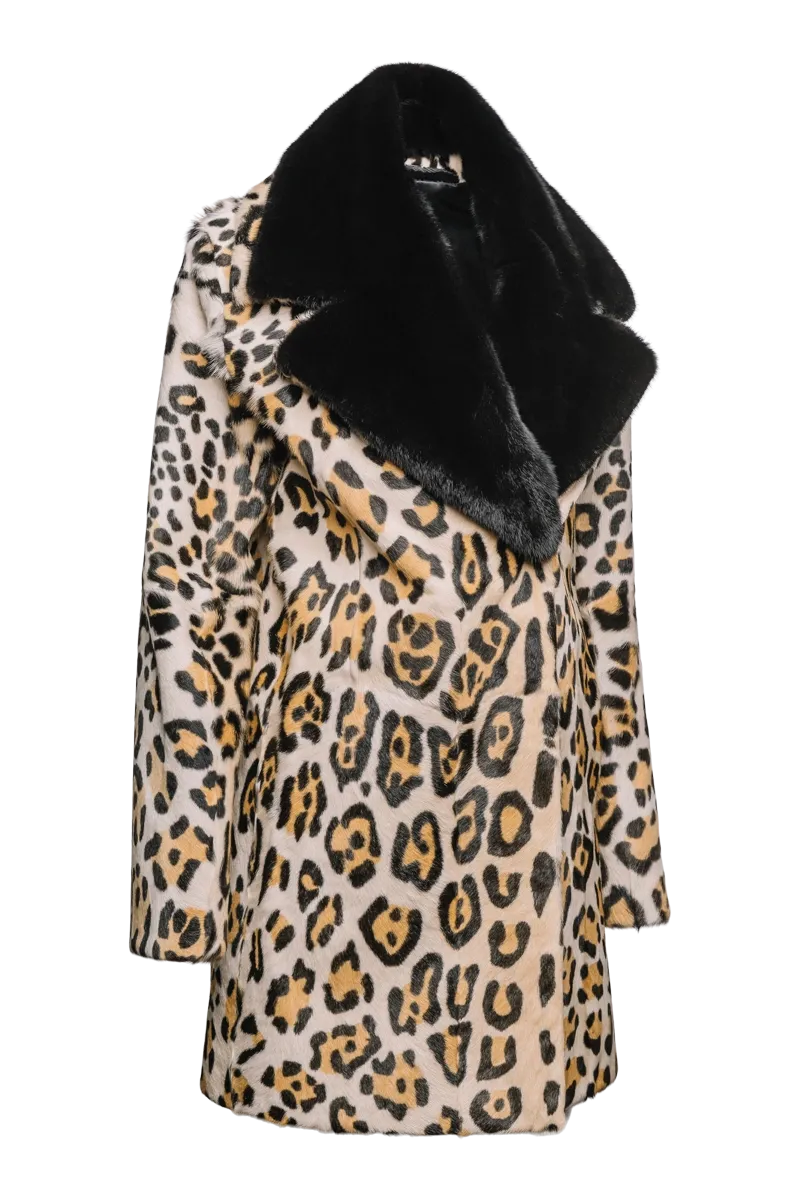 Funny Girl Leopard Print Mid Length Kidskin Fur Coat - Removeable Mink Wing Collar