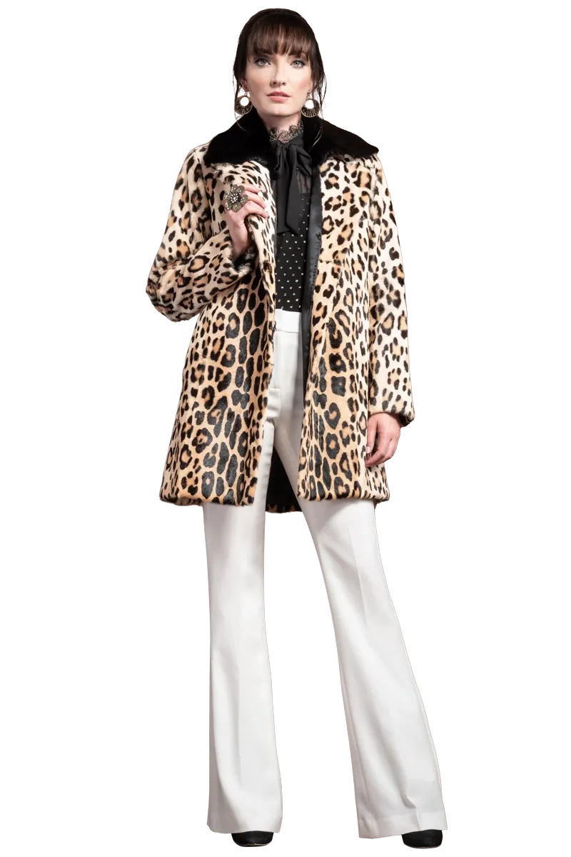 Funny Girl Leopard Print Mid Length Kidskin Fur Coat - Removeable Mink Wing Collar