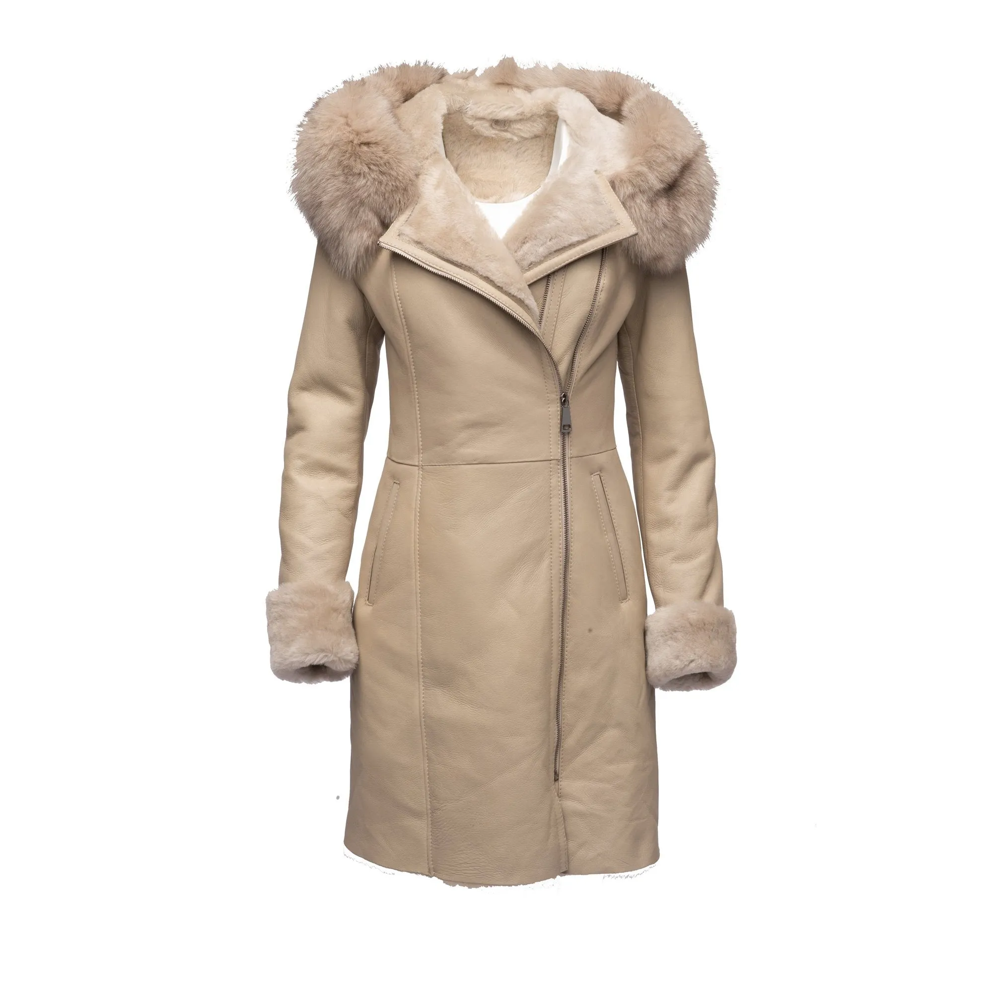 Gracie's Hooded Sheepskin Shearling Jacket with fox fur