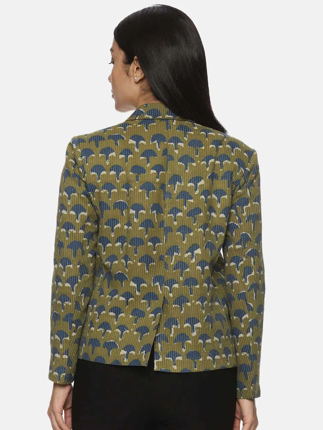 Green Kanta Print Blazer: Casual Elegance with Artisanal Flair