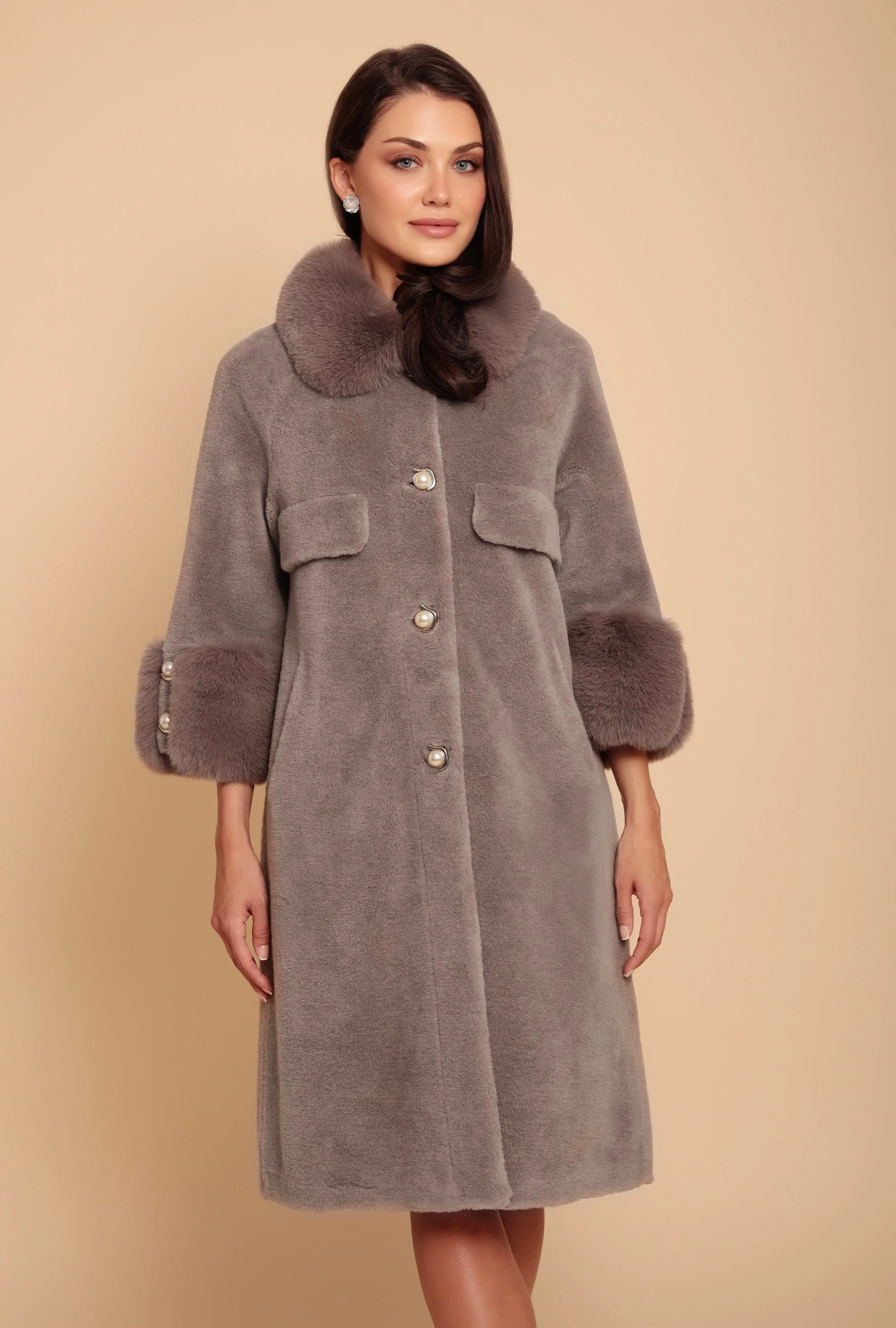 'Hayworth' Wool and Faux Fur Coat in Grigio