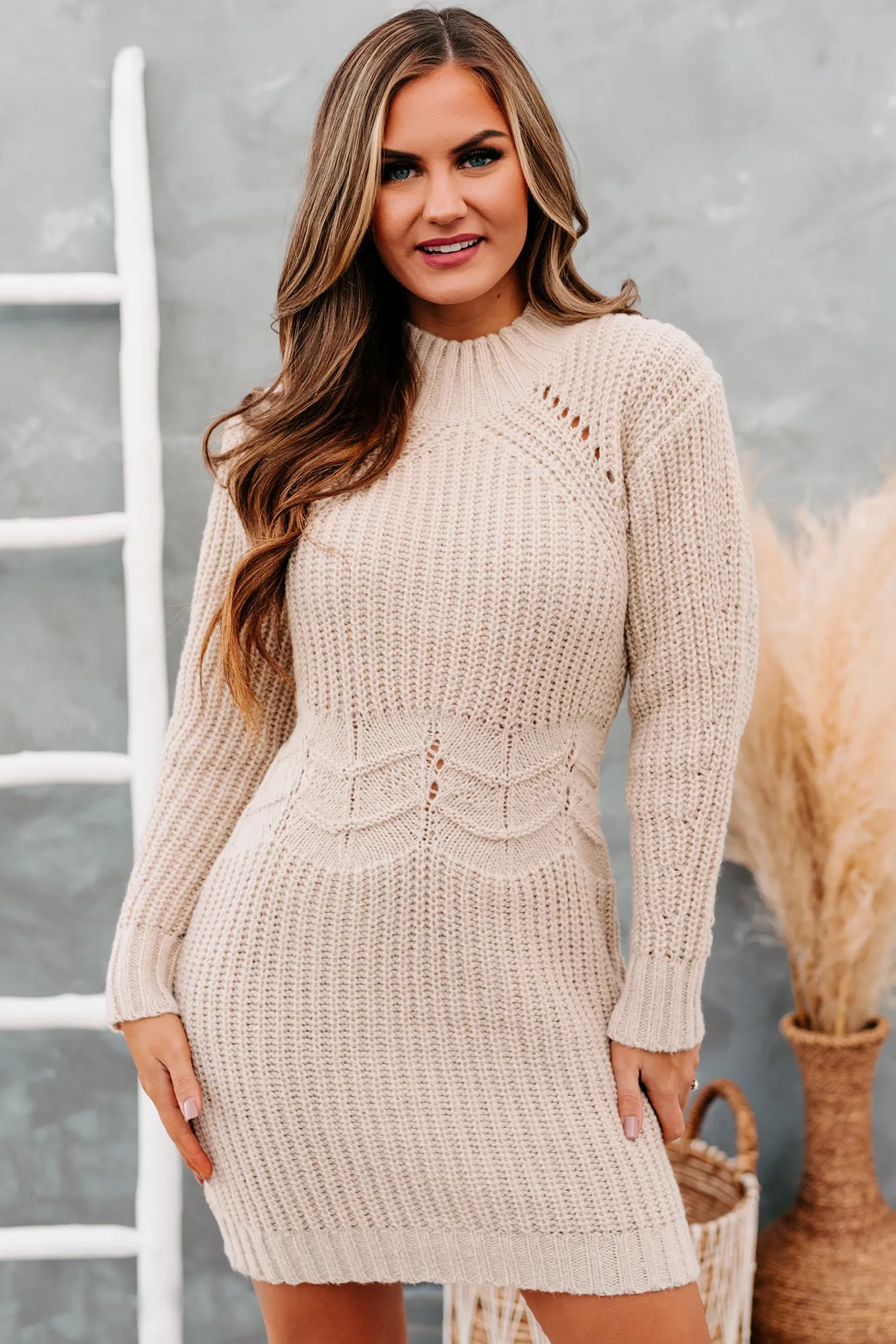 Late Afternoon Chevron Waist Sweater Dress (Ecru)