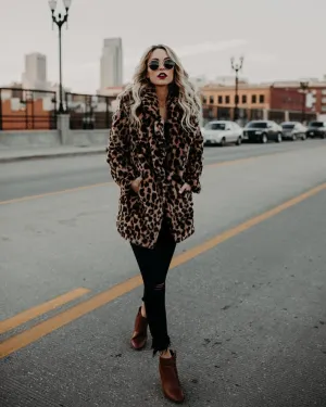 Leopard Print Faux Fur Coat  - Women Jacket