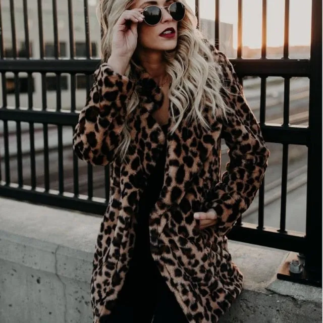 Leopard Print Faux Fur Coat  - Women Jacket