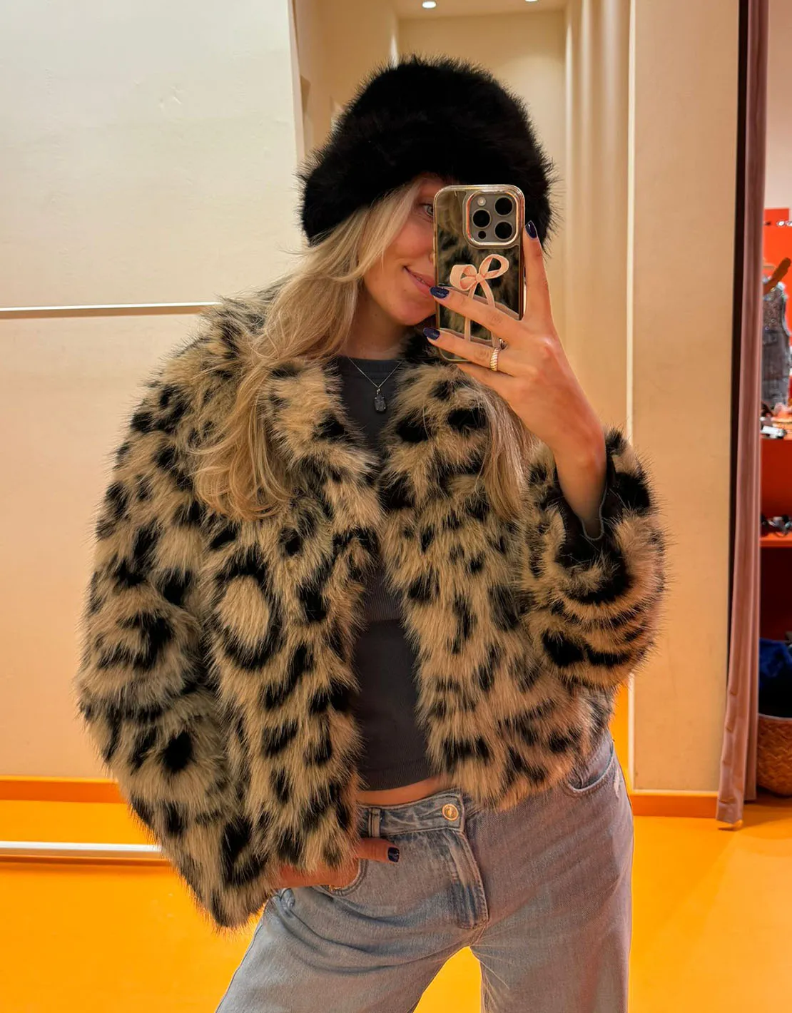 Leopard print faux fur coat