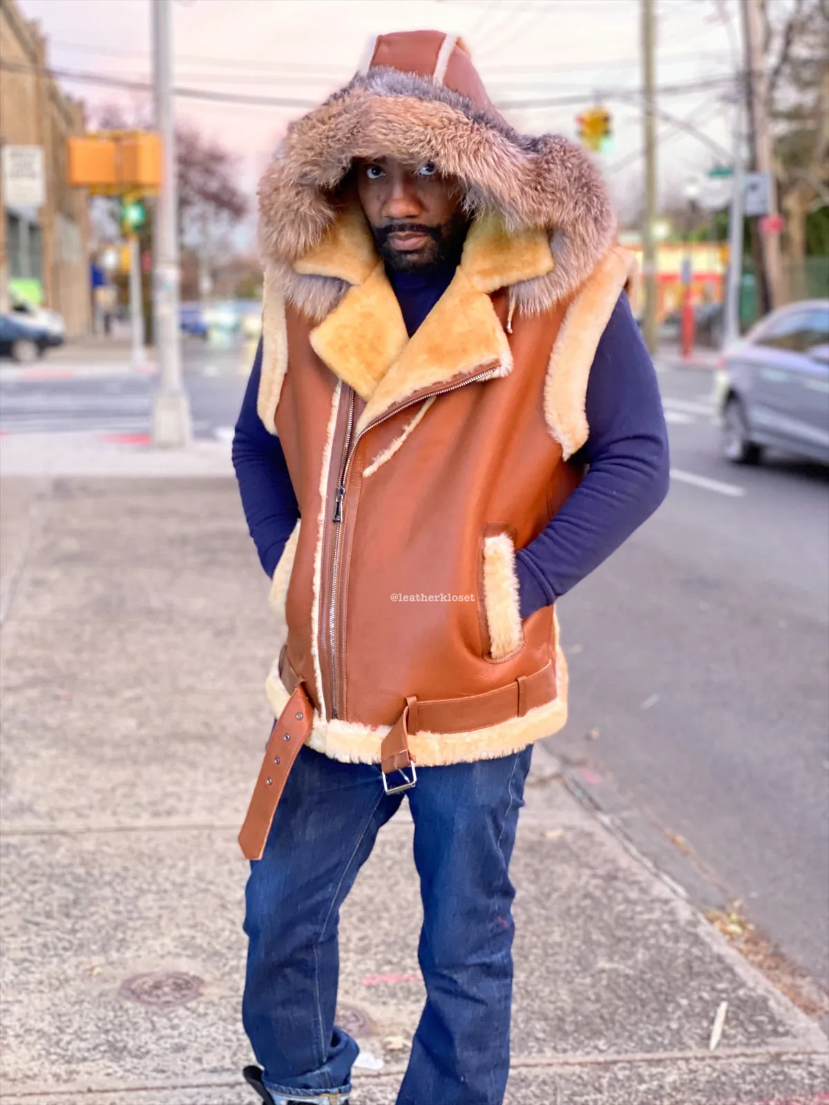 Men's Real Sheepskin Shearling Vest With Fox [Tan Napa]