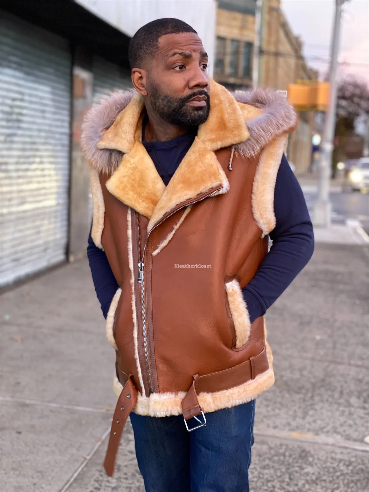 Men's Real Sheepskin Shearling Vest With Fox [Tan Napa]