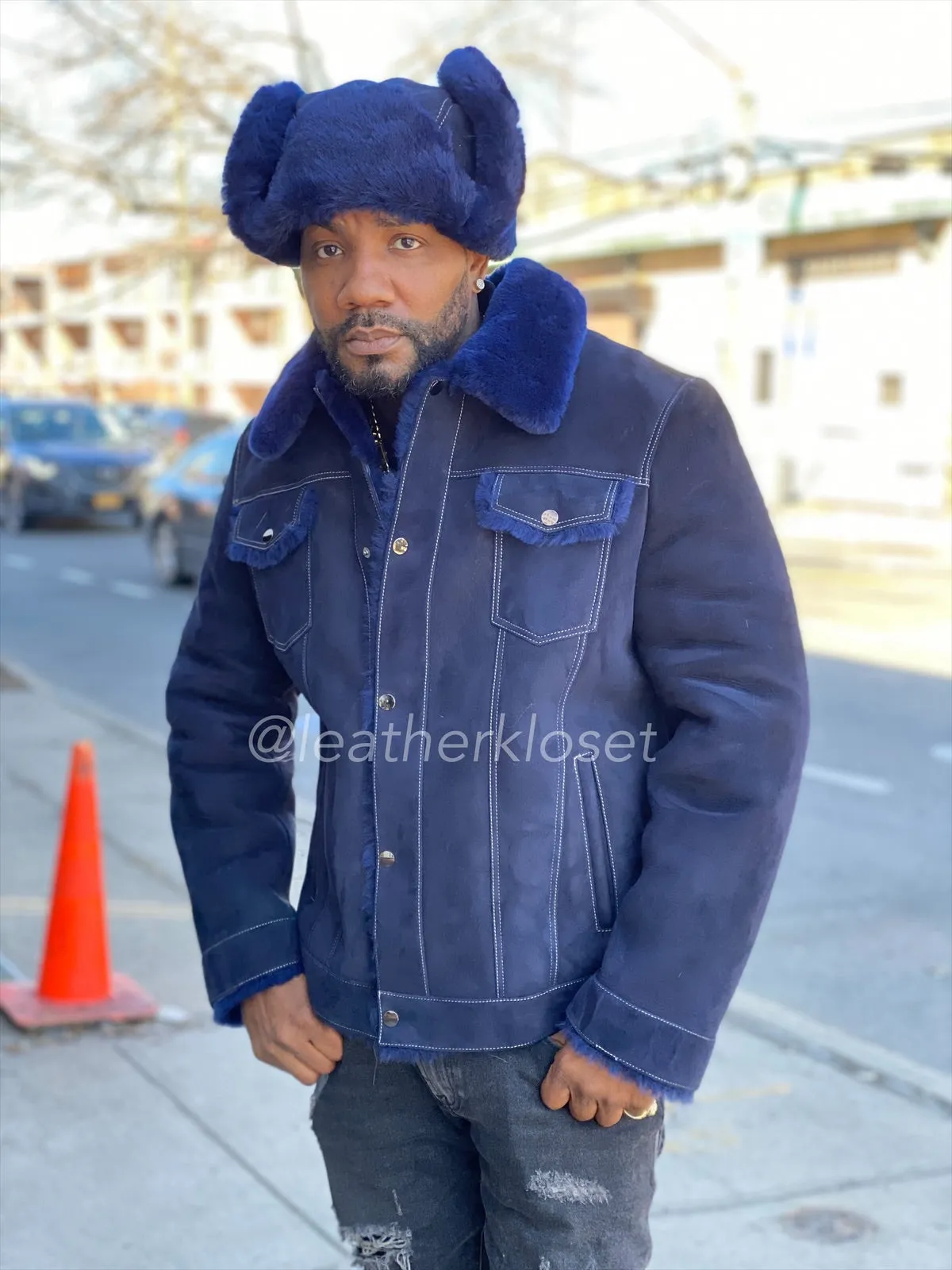 Mens Troy Shearling Jacket With Hat [Navy]