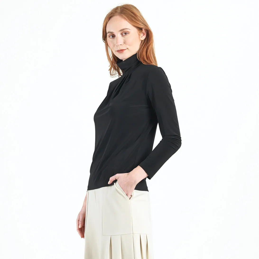 Mock Neck Pleated Detail Top - Black