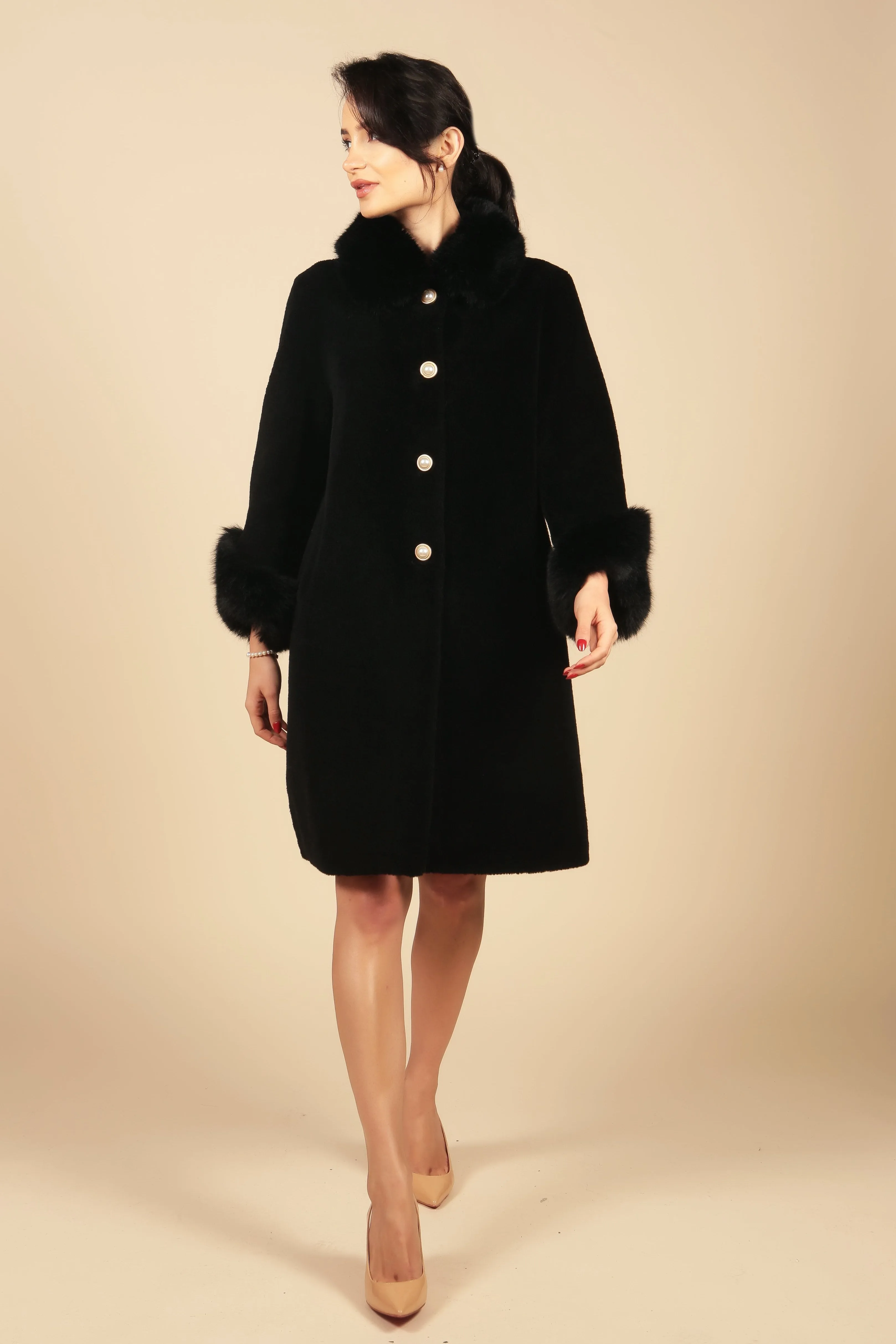 'Monroe' Wool and Faux Fur Teddy Coat in Nero