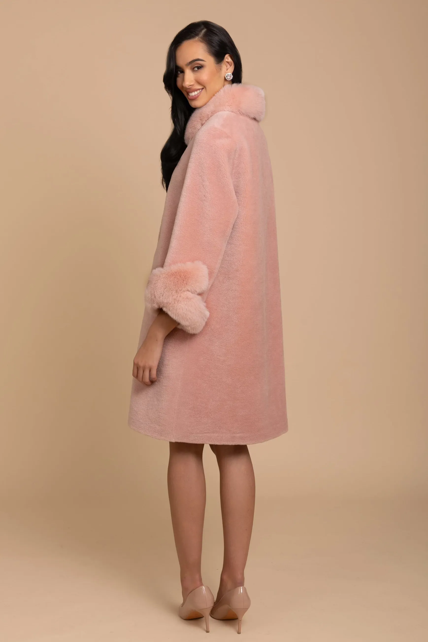 'Monroe' Wool and Faux Fur Teddy Coat in Rosa