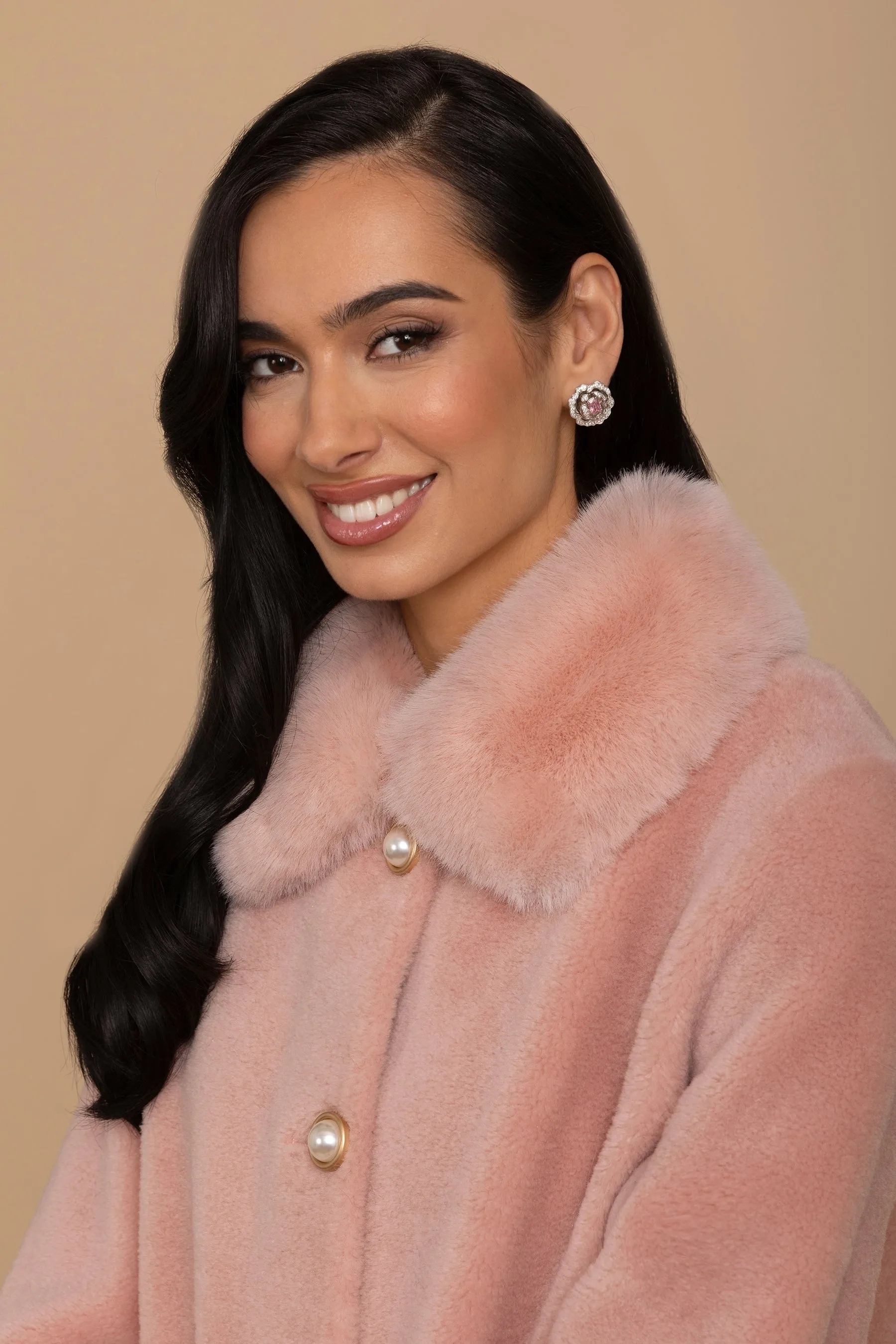 'Monroe' Wool and Faux Fur Teddy Coat in Rosa