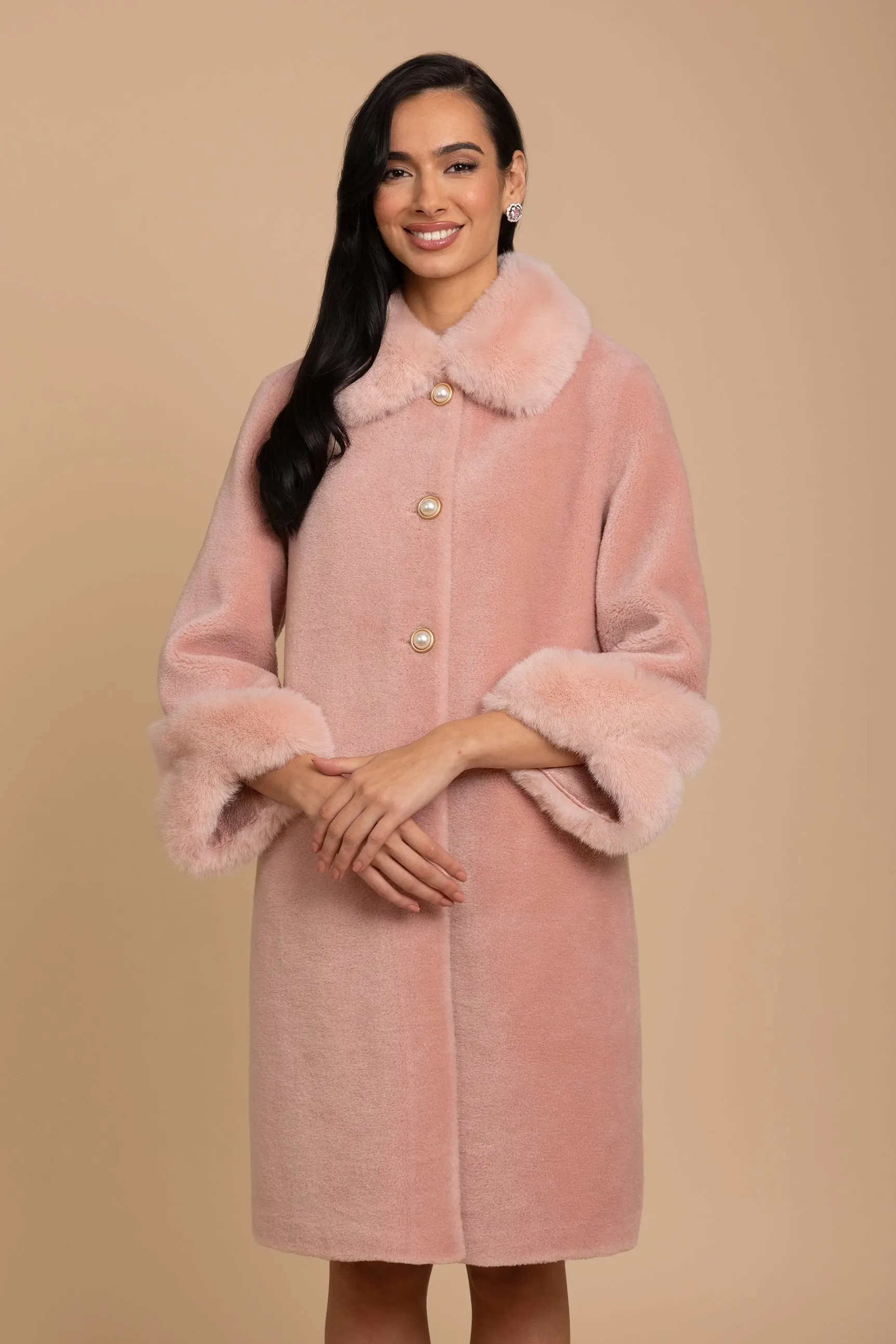 'Monroe' Wool and Faux Fur Teddy Coat in Rosa