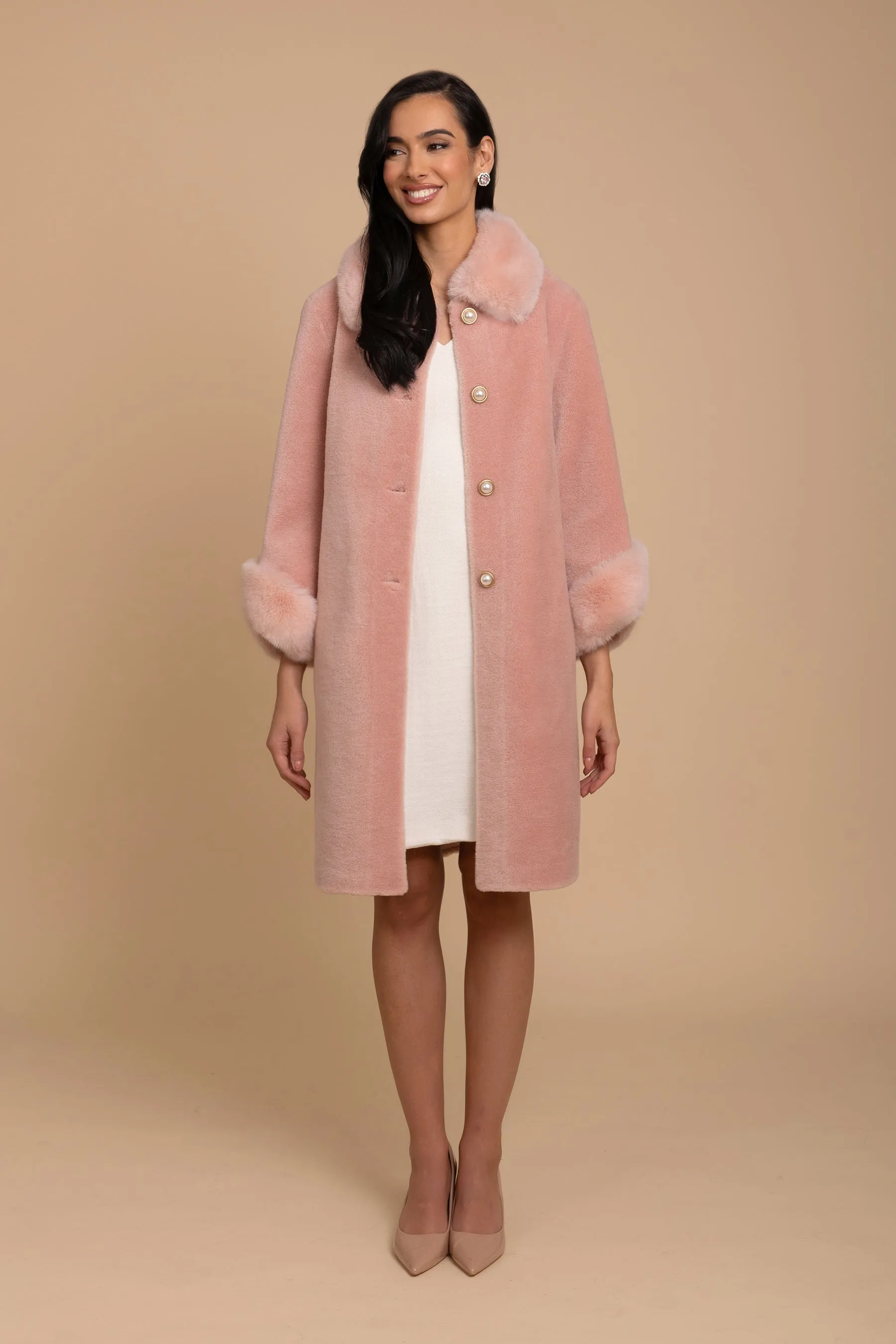 'Monroe' Wool and Faux Fur Teddy Coat in Rosa