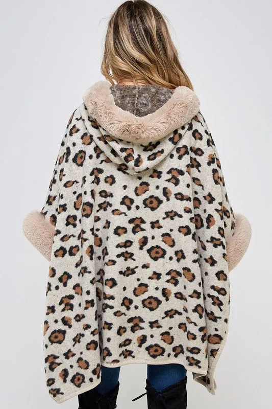 Soft Faux Fur Leopard Knit Cape Coat with Hoodie