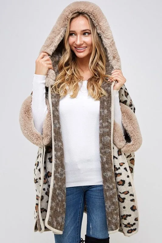 Soft Faux Fur Leopard Knit Cape Coat with Hoodie