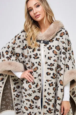 Soft Faux Fur Leopard Knit Cape Coat with Hoodie