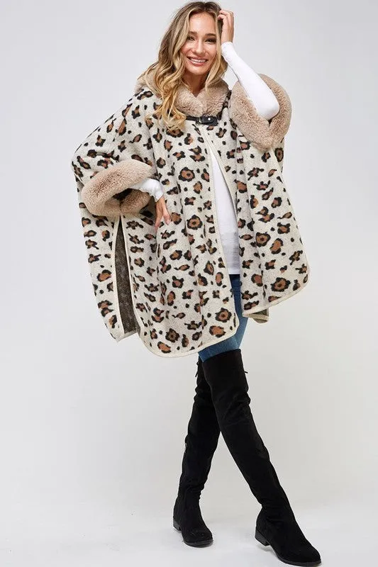 Soft Faux Fur Leopard Knit Cape Coat with Hoodie