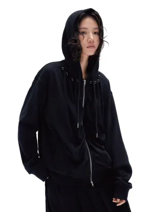 Stylish Pleated Hooded Cotton Sweater With Zip Closure