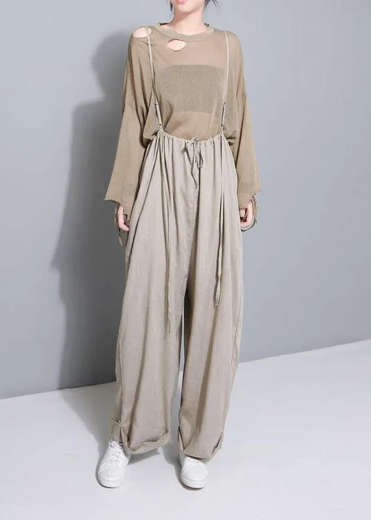 stylish women khaki cotton linen wide leg pants multiple wearing methods pants