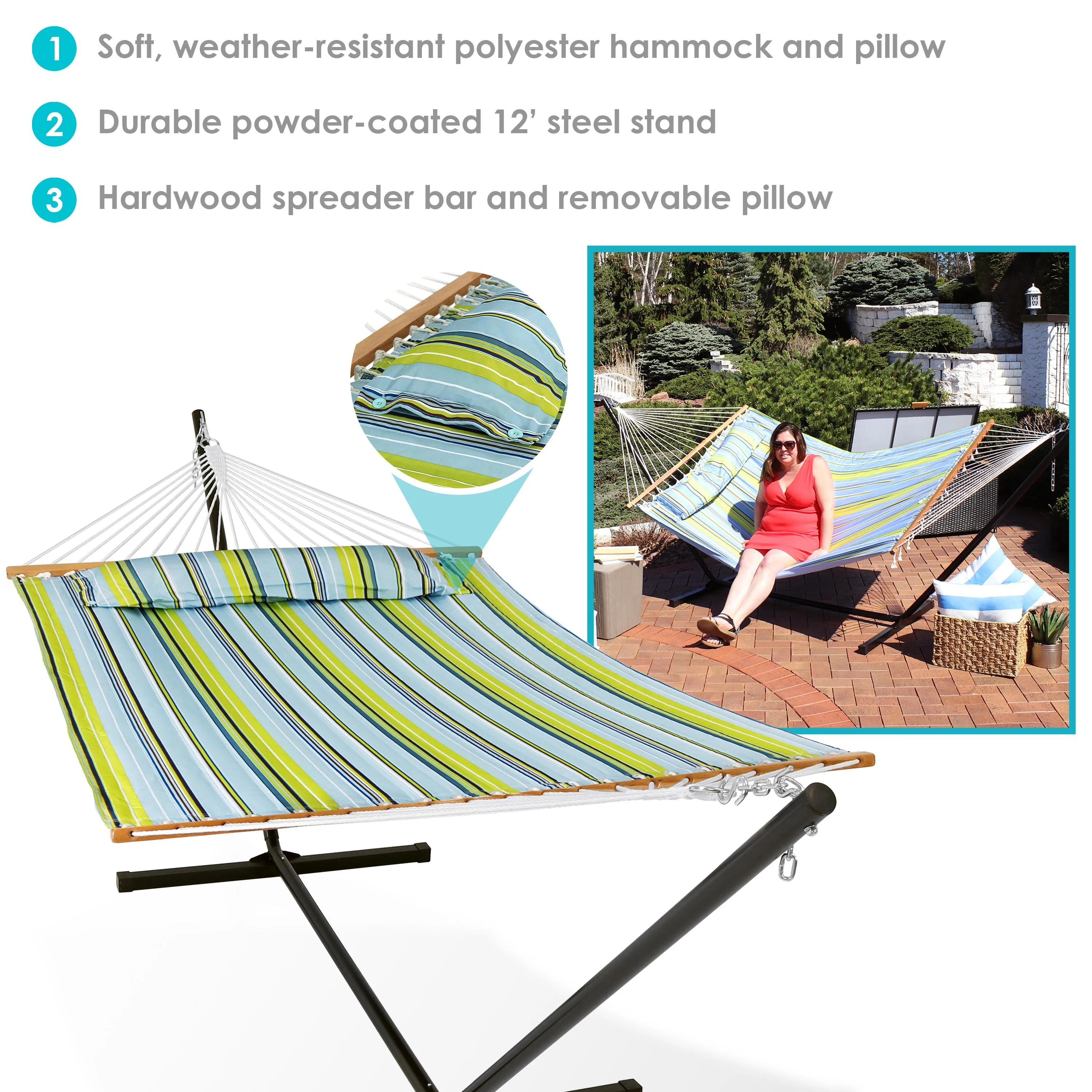 Sunnydaze 2-Person Freestanding Quilted Fabric Hammock with Stand