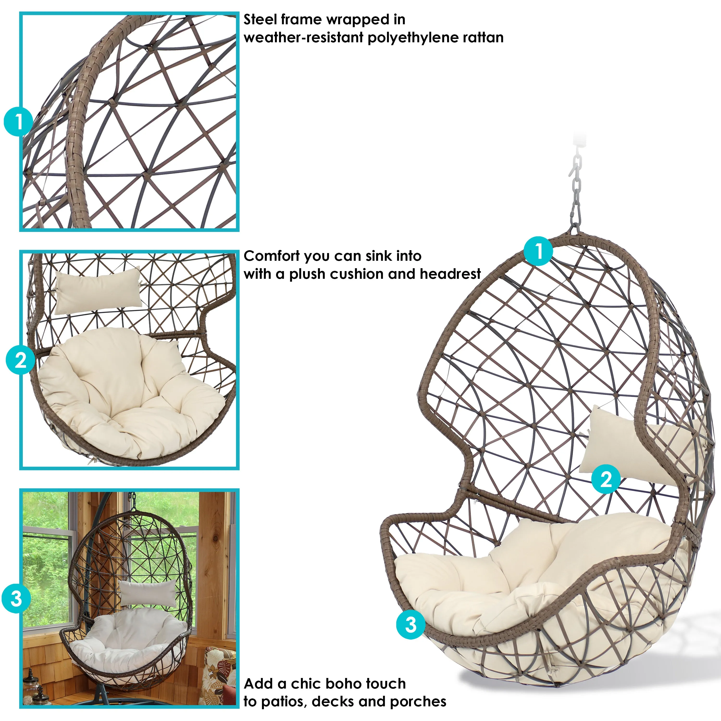 Sunnydaze Danielle Outdoor Hanging Egg Chair with Cushion