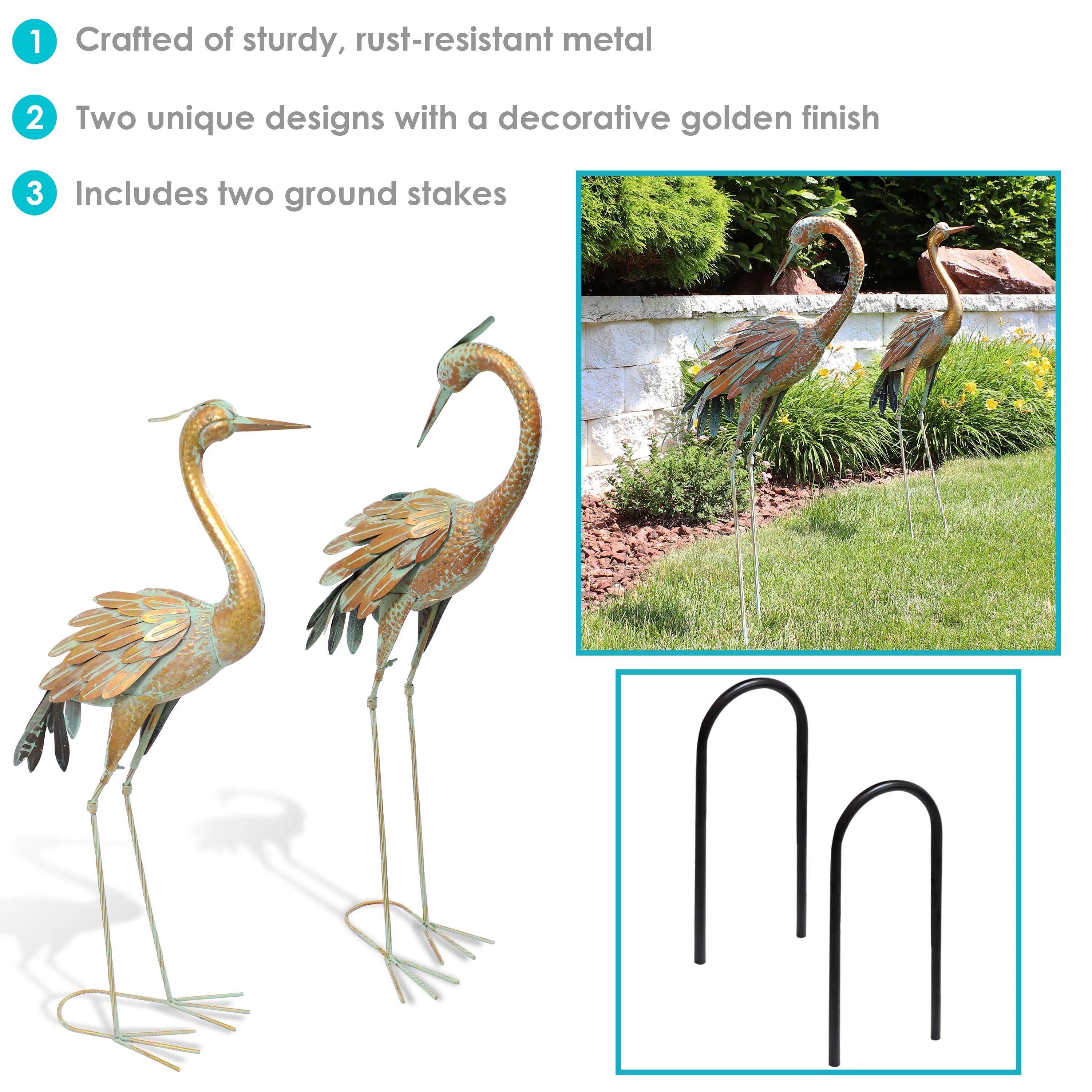 Sunnydaze Elegant Golden Crane Metal Outdoor Garden Statue - 2 Statues