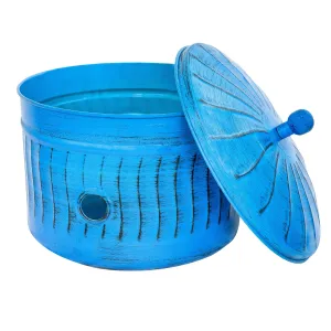 Sunnydaze Embossed Metal Garden Hose Holder Pot with Lid - Blue Patina