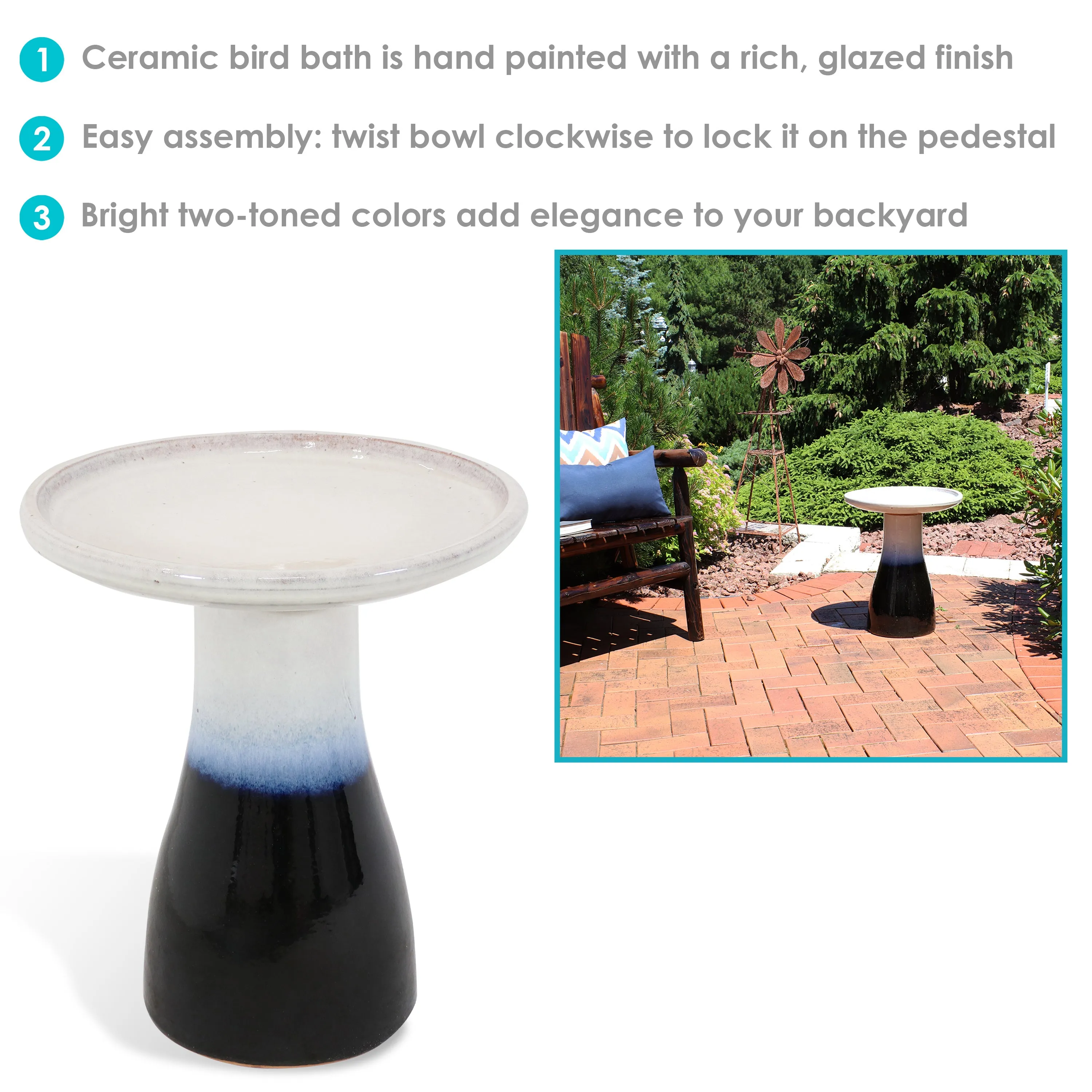 Sunnydaze Glazed Ceramic Outdoor Bird Bath - 18"