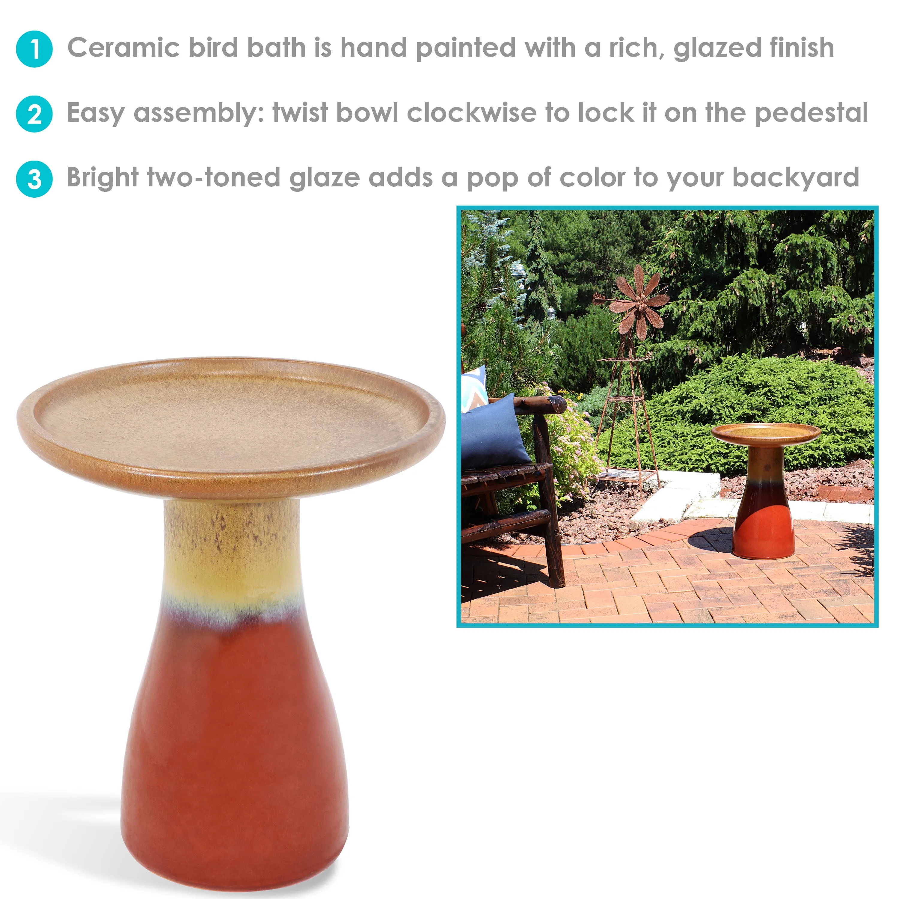 Sunnydaze Glazed Ceramic Outdoor Bird Bath - 18"