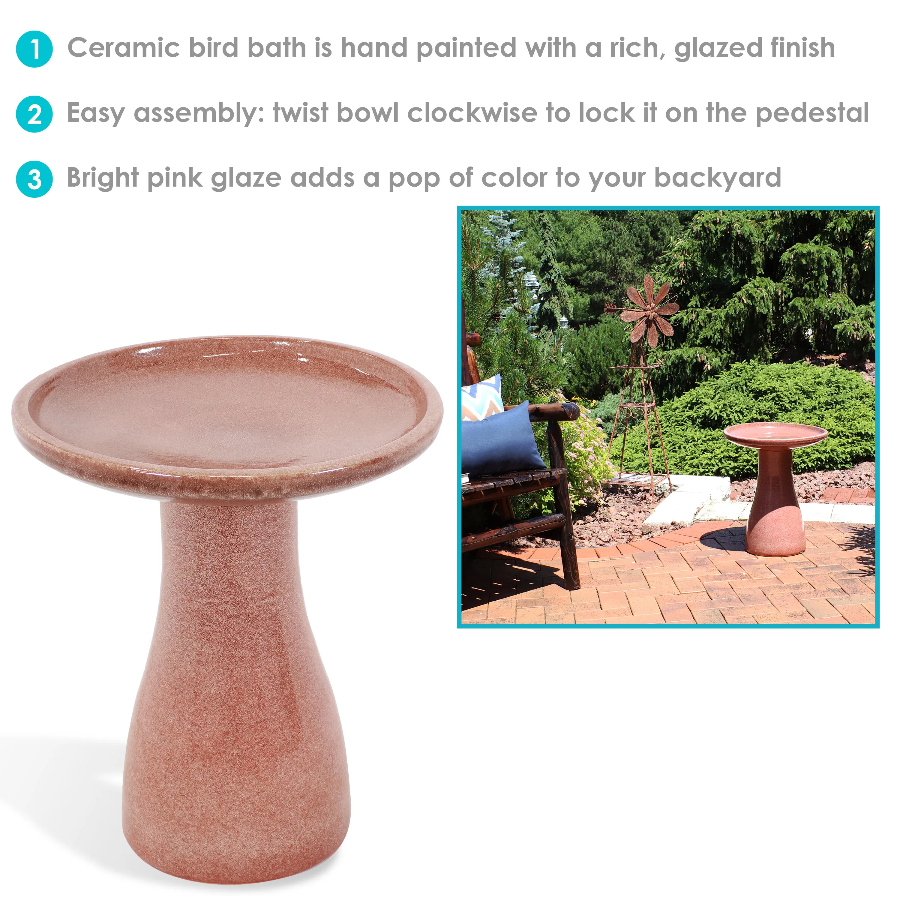 Sunnydaze Glazed Ceramic Outdoor Bird Bath - 18"