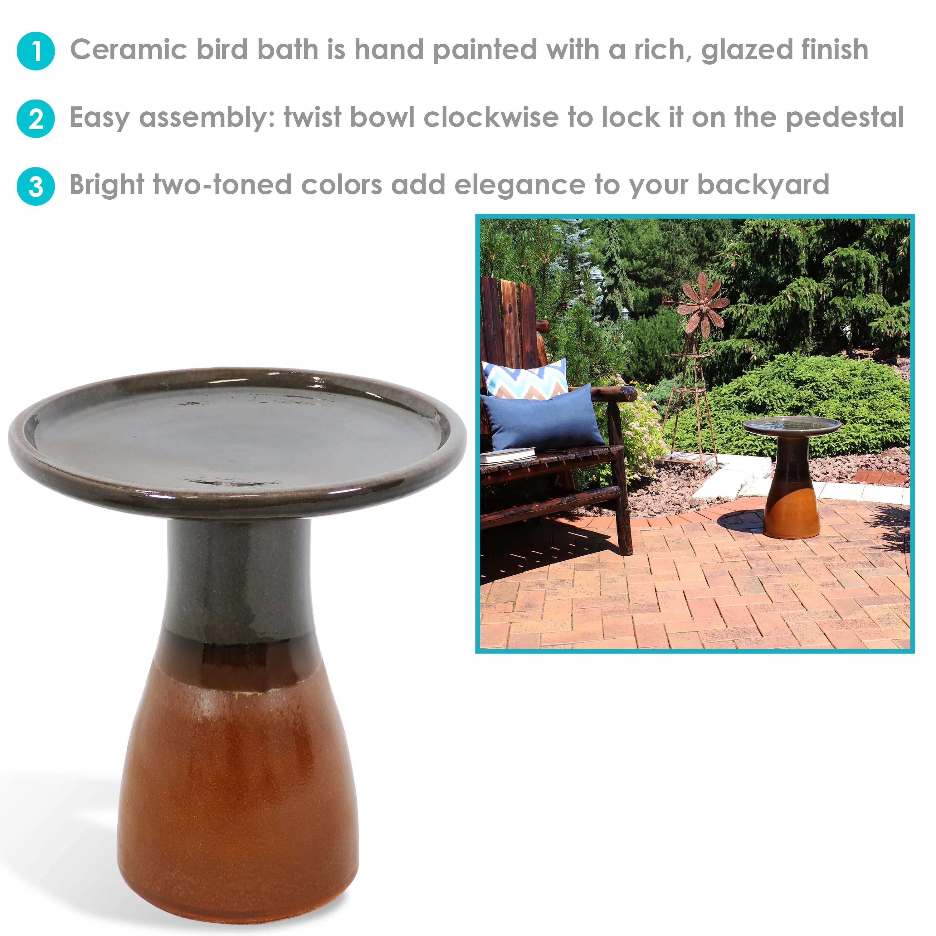 Sunnydaze Glazed Ceramic Outdoor Bird Bath - 18"