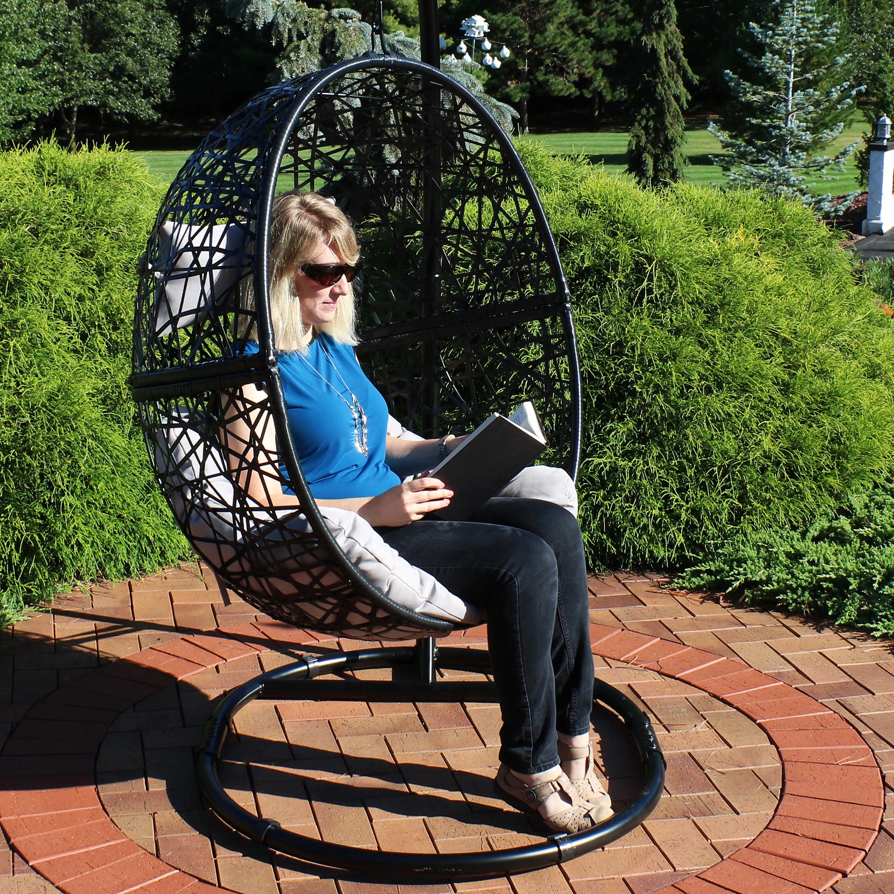 Sunnydaze Jackson Outdoor Hanging Resin Wicker Egg Chair with Cushion