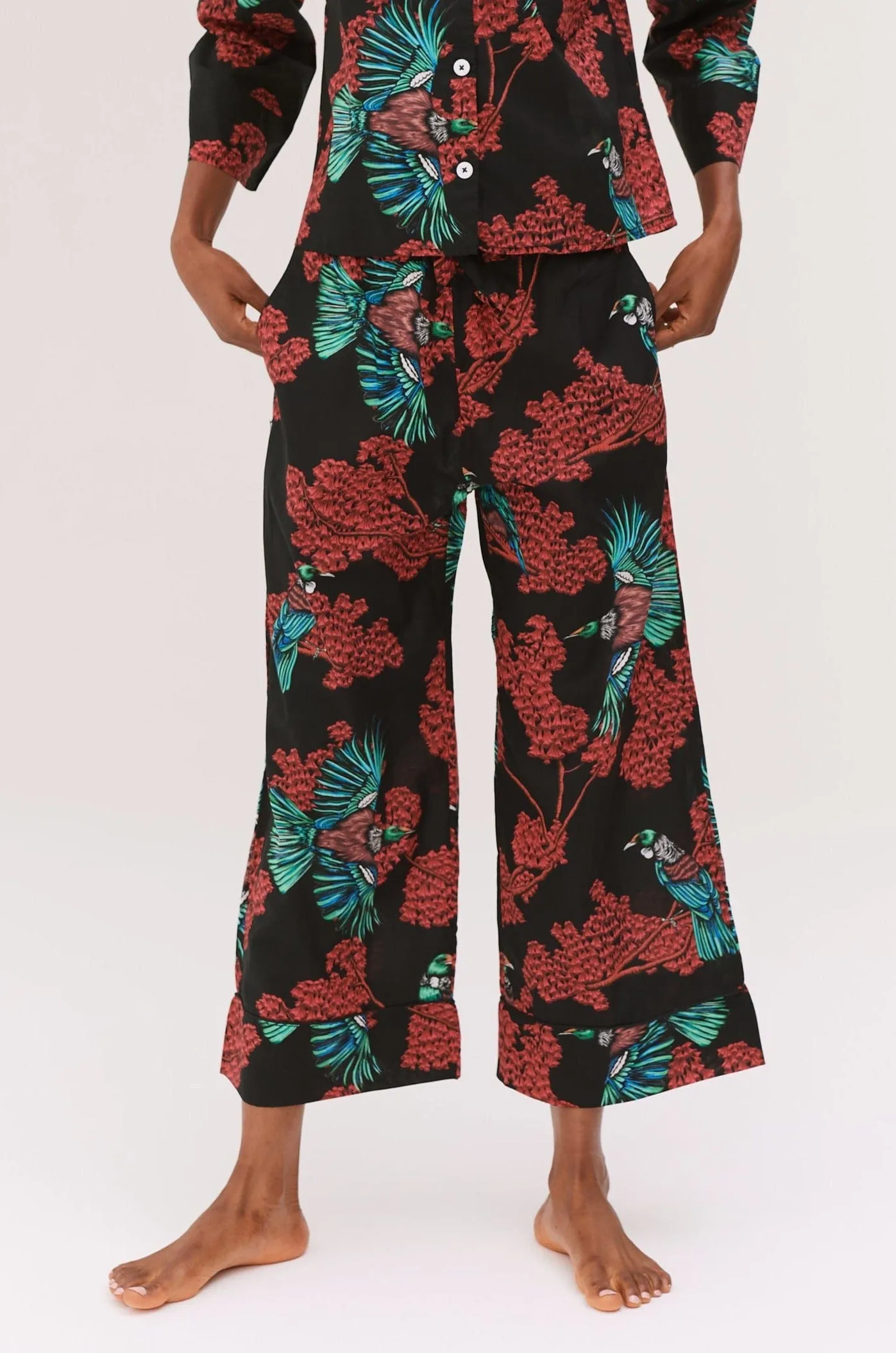 Wide Leg Pyjama Trousers Passerine Print Black/Red