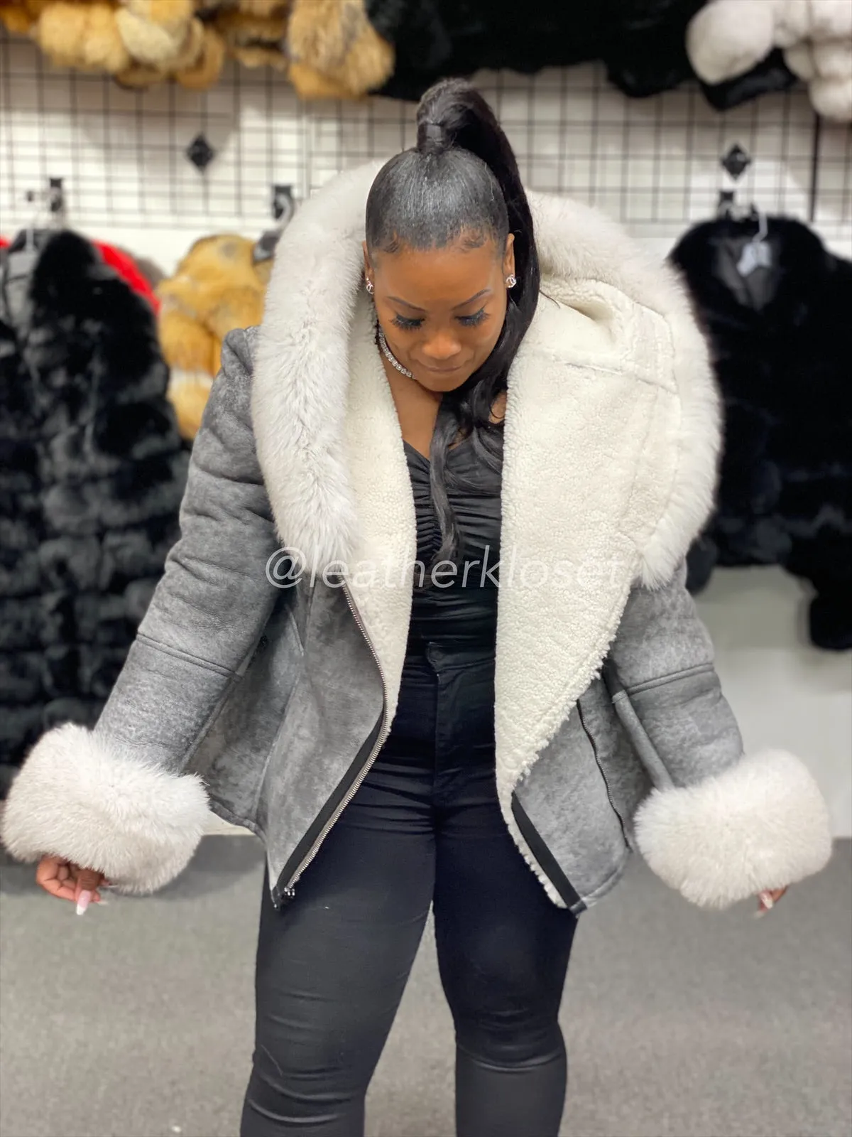 Women's Anna Real Sheepskin Jacket With Fox [Grey]