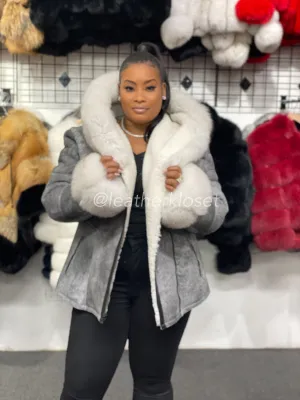 Women's Anna Real Sheepskin Jacket With Fox [Grey]